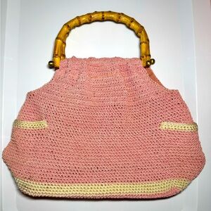 Vintage Amanda Smith Pink & Cream Crochet Bamboo Handle Purse